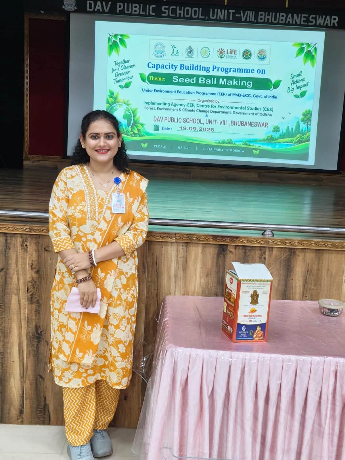 Mrs. Purnima Nayak (TGT Biology) represented our school at the Capacity Building Programme on Seed Ball Making, organized at DAV Public School, Unit-8, Bhubaneswar, under the Environment Education Programme of MoEFCC, Government of India.